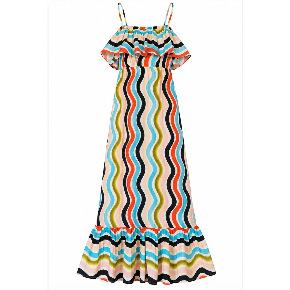 NWT Farm Rio Anthropologie Ruffle Wave Maxi Dress XS Sundress Coastal Cotton